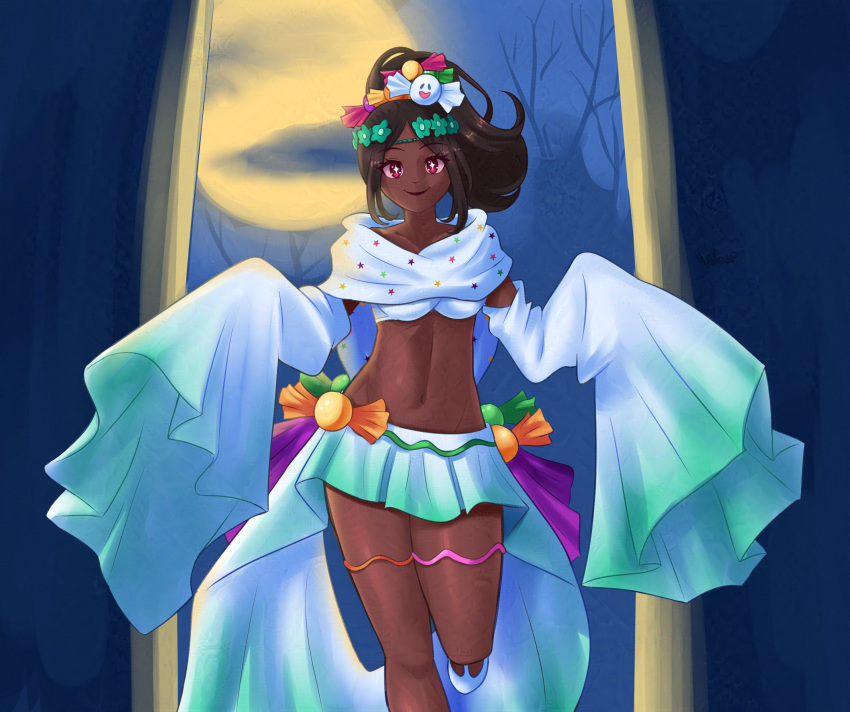 absurdres candy_hair_ornament dark-skinned_female dark_skin fire_emblem fire_emblem_engage fire_emblem_heroes food-themed_hair_ornament ghost_costume ghost_hair_ornament gradient_clothes gradient_skirt hair_ornament halloween halloween_costume highres obsidianwasp official_alternate_costume skirt sleeves_past_fingers sleeves_past_wrists star-shaped_pupils star_(symbol) symbol-shaped_pupils timerra_(fire_emblem) timerra_(halloween)_(fire_emblem) very_dark_skin