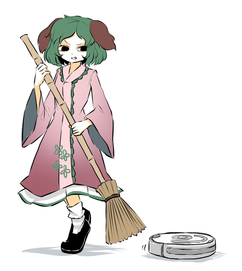 1girl angry animal_ears bamboo_broom black_eyes black_footwear broom cleaning dog_ears dress full_body green_hair highres holding holding_broom kasodani_kyouko long_dress long_sleeves outstretched_arms peroponesosu. roomba shoes short_hair simple_background socks solo standing touhou vacuum_cleaner white_background white_legwear wide_sleeves