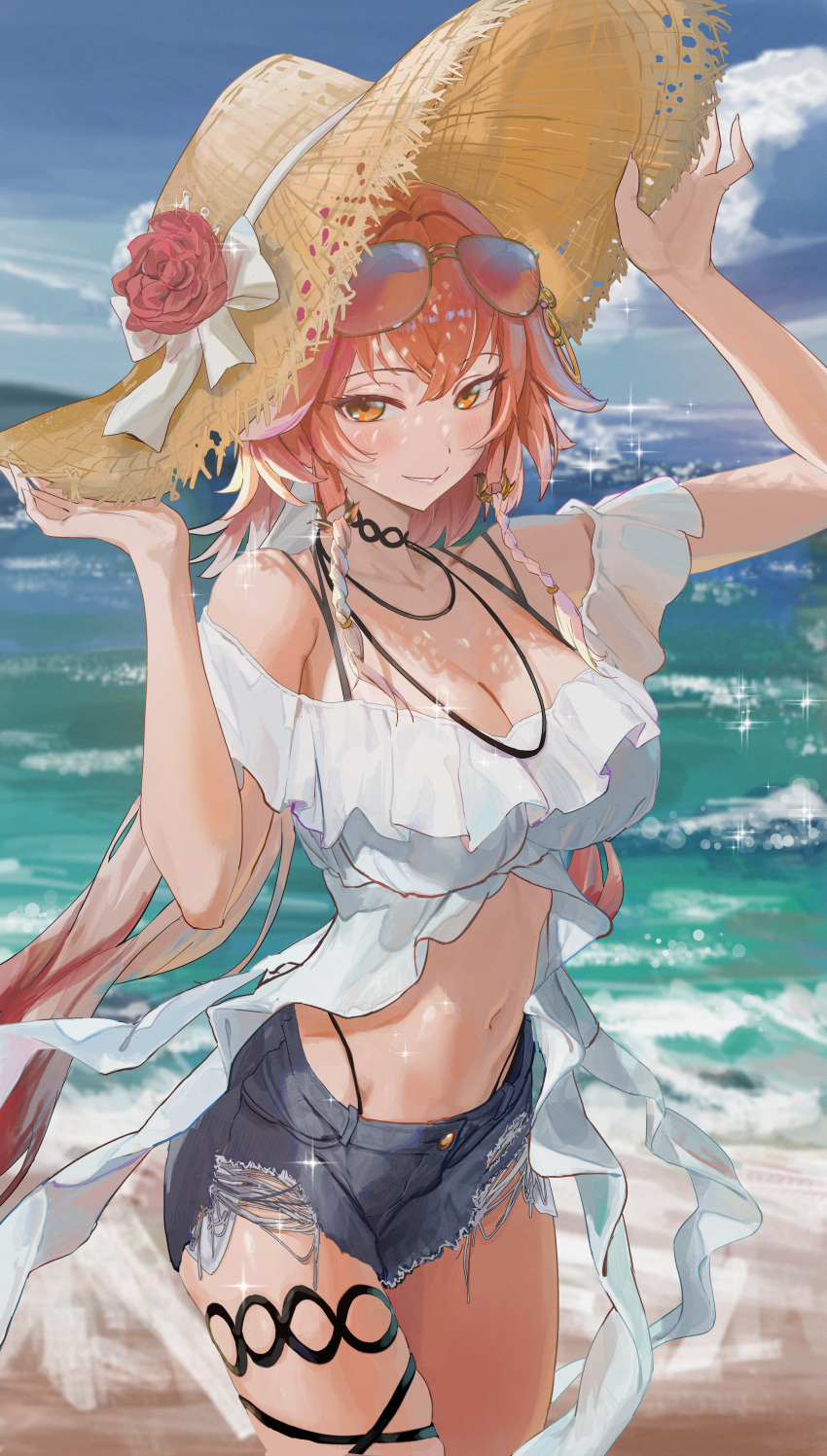 1girl absurdres beach blush braid breasts changli_(wuthering_waves) cleavage collarbone commentary cowboy_shot denim denim_shorts eyewear_on_head flower hair_extensions hat hat_flower highres large_breasts long_hair looking_at_viewer navel off-shoulder_shirt off_shoulder official_alternate_costume orange_eyes outdoors parted_lips pink_hair qualia_(quaquaqualia) red_flower red_rose ring_hair_extensions rose shirt shorts smile solo stomach straw_hat sunglasses twin_braids very_long_hair white_shirt wuthering_waves