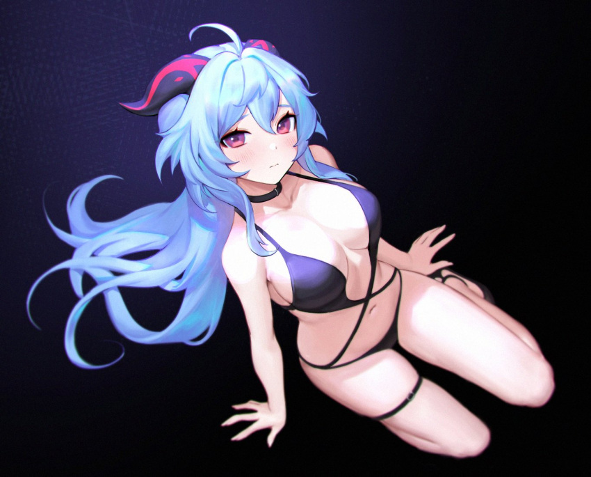 1girl ahoge bare_arms bare_shoulders bikini black_background black_bikini black_choker black_footwear blue_hair breasts choker closed_mouth commentary frown ganyu_(genshin_impact) genshin_impact goat_horns gradient gradient_background halterneck horns large_breasts long_hair looking_at_viewer low_ponytail navel purple_eyes shoes siun skindentation solo stomach string_bikini swimsuit thigh_strap thighs very_long_hair