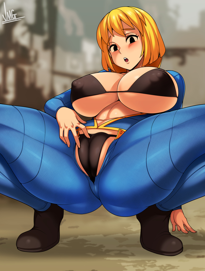 1girl absurdres arm_support artist_name bangs bikini black_bikini black_eyes black_footwear blonde_hair blurry blurry_background breasts cameltoe commentary covered_nipples english_commentary eyebrows_visible_through_hair fallout_(series) fallout_4 fat_mons foreshortening hand_on_own_crotch highres jmg large_breasts long_sleeves looking_at_viewer open_clothes open_fly raised_eyebrows shoes skin_tight solo spread_legs squatting swimsuit teeth thick_thighs thighs underboob upper_teeth vault_girl vault_suit