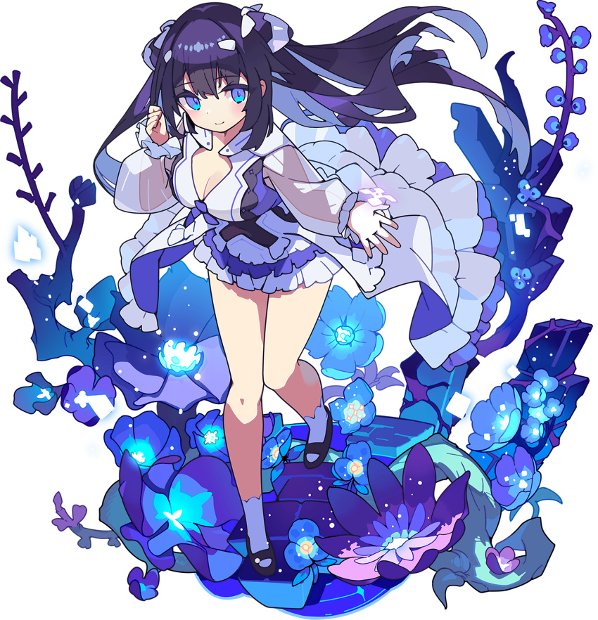 1girl artist_request bangs black_footwear black_hair blue_eyes blue_flower blue_theme blush breasts cleavage clenched_hand closed_mouth dress eyebrows_visible_through_hair flower full_body glowing hair_cones hair_ornament hairclip hand_up highres knees_together_feet_apart large_breasts leg_up legs light_particles long_hair long_sleeves looking_at_viewer non-web_source official_art outdoors primula_(world_flipper) purple_flower purple_hair see-through_sleeves shiny shiny_hair shoes short_dress sidelocks socks solo spread_fingers standing standing_on_one_leg tied_hair transparent_background waist_cape walking white_dress white_legwear world_flipper