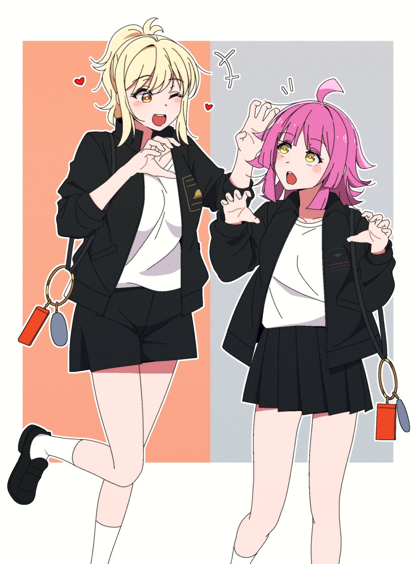 +++ 2girls :d :o absurdres ahoge bad_id bad_twitter_id black_footwear black_jacket black_shorts black_skirt blonde_hair blunt_ends blunt_sidelocks blush bright_pupils claw_pose eye_contact feet_out_of_frame feet_up foot_out_of_frame hands_up happy heart height_difference highres jacket long_sleeves looking_at_another love_live! love_live!_nijigasaki_high_school_idol_club matching_outfits medium_hair miyashita_ai multiple_girls notice_lines one_eye_closed open_clothes open_jacket open_mouth outline pink_hair pleated_skirt ponytail rlqns9995 shirt shoes short_shorts shorts sidelocks skirt smile socks standing standing_on_one_leg t-shirt tennoji_rina white_outline white_pupils white_shirt white_socks yellow_eyes