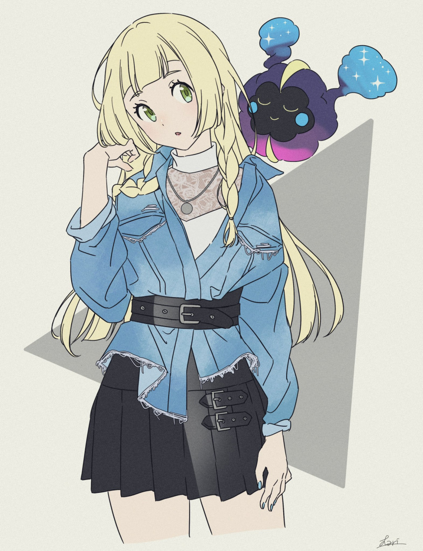 1girl belt black_belt black_skirt blonde_hair blue_jacket blue_nails braid commentary cosmog eyelashes green_eyes hand_up hari611 highres jacket jewelry lillie_(pokemon) long_hair nail_polish necklace older parted_lips pleated_skirt pokemon pokemon_(creature) pokemon_(game) pokemon_sm signature skirt twin_braids