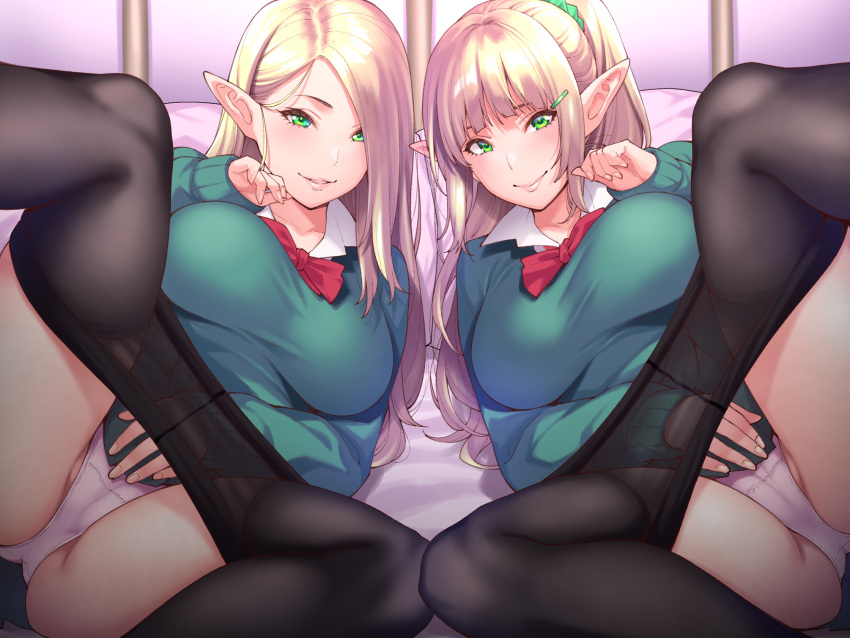 2girls bangs black_legwear blonde_hair blush bow bowtie breasts cameltoe closed_mouth collarbone collared_shirt dress_shirt elf eyebrows_visible_through_hair eyelashes fingernails green_eyes green_scrunchie hair_ornament hair_over_one_eye hair_scrunchie half-closed_eyes hand_on_own_cheek hand_on_own_face hand_up highres indoors large_breasts long_hair long_sleeves looking_at_viewer lying multiple_girls non-web_source on_bed original panties panty_pull pantyhose pantyshot parted_lips pink_panties pointy_ears ponytail red_bow red_bowtie scrunchie shirt shouji_nigou sidelocks smile underwear white_shirt wing_collar