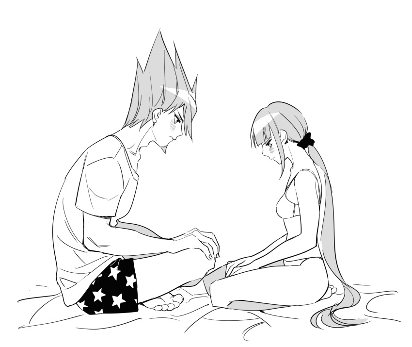 1boy 1girl bare_arms bare_legs bare_shoulders barefoot blush boxers bra closed_mouth commentary crossed_legs danganronpa_(series) danganronpa_v3:_killing_harmony eyelashes face-to-face facial_hair fingernails goatee greyscale hair_ornament hair_scrunchie hair_spread_out hand_on_own_knee hands_on_lap harukawa_maki hetero highres long_hair looking_down low_twintails male_underwear momota_kaito monochrome on_bed panghwi_(hyeon_sale) panties scrunchie shirt short_hair short_sleeves sitting spiked_hair star_(symbol) star_print stomach t-shirt toes twintails underwear very_long_hair white_background