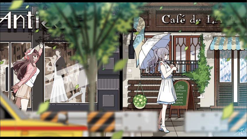 2girls blurry blurry_foreground brown_hair cafe depth_of_field dress floating floating_object grey_hair guard_rail hat highres idolmaster idolmaster_shiny_colors leaf looking_at_another looking_away multiple_girls outdoors parasol ponytail road shop street sun_hat taxi tsukioka_kogane umbrella white_dress yadokugaeru yuukoku_kiriko