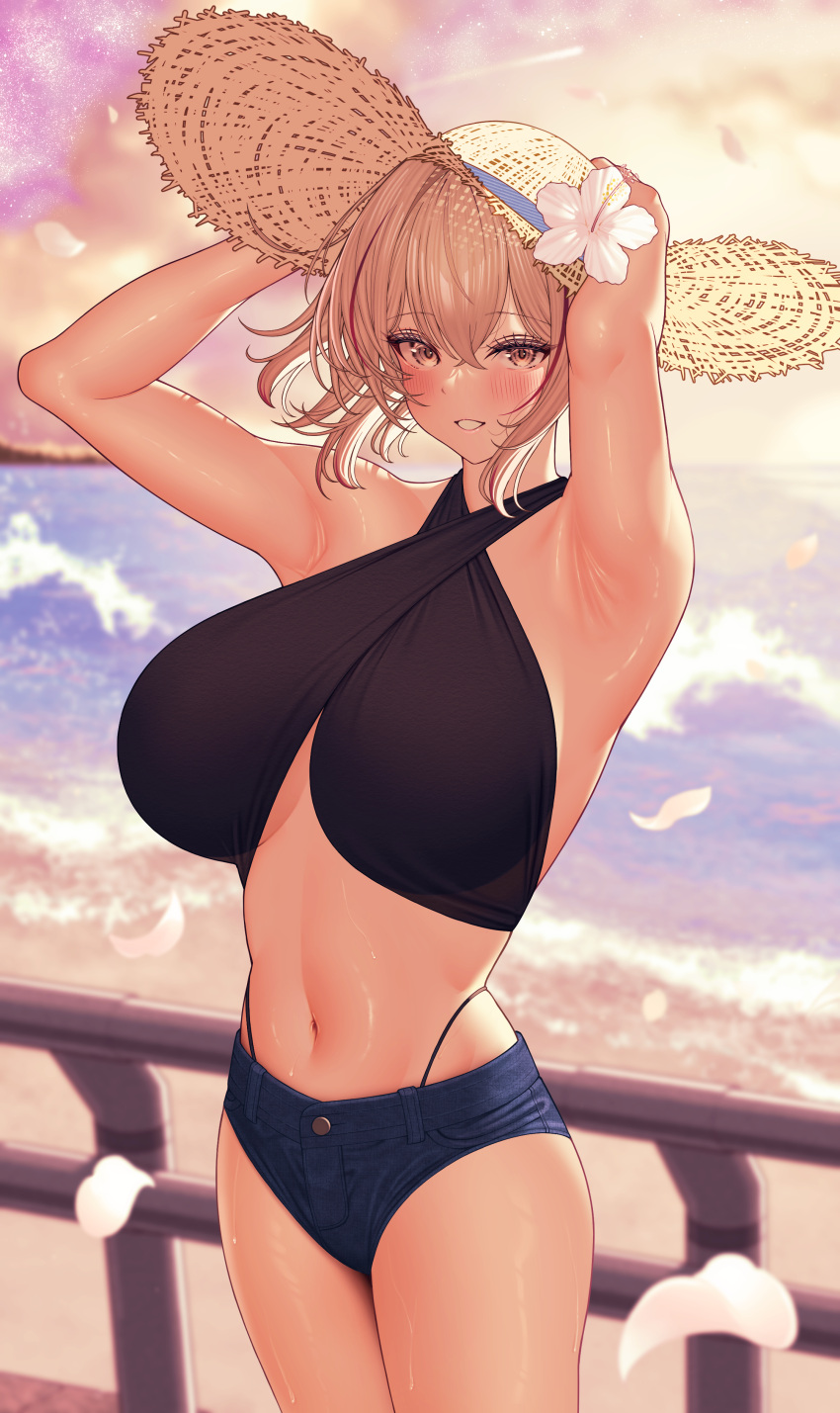 1girl absurdres alternate_costume armpits arms_up azur_lane bare_shoulders beach bikini black_bikini blonde_hair blush breasts brown_eyes cleavage cloud commentary_request denim denim_shorts falling_petals flower hair_between_eyes hand_on_own_hat hat highres large_breasts long_bangs looking_at_viewer multicolored_hair navel ocean panty_straps parted_lips petals railing red_hair roon_(azur_lane) short_hair short_shorts shorts smile solo stomach straw_hat streaked_hair swimsuit two-tone_hair upper_body yomare