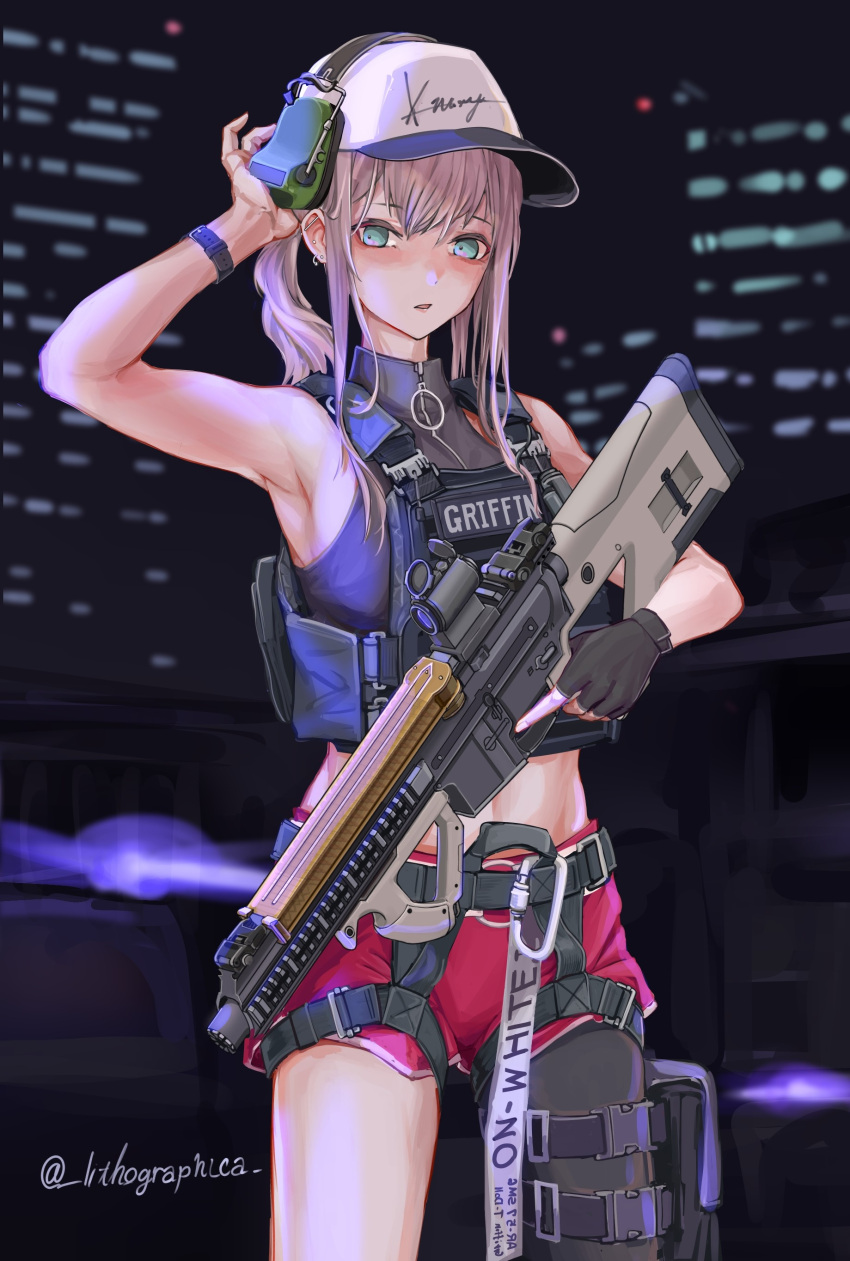 1girl absurdres alternate_costume ar-57 ar-57_(girls'_frontline) armpits assault_rifle bangs baseball_cap black_gloves black_legwear black_shirt blue_eyes crop_top fingerless_gloves girls'_frontline gloves gun hat headphones highres holding holding_gun holding_weapon holster lithographica long_hair looking_at_viewer midriff navel pink_hair ponytail red_shorts rifle scope shirt short_shorts shorts single_glove single_thighhigh sleeveless sleeveless_shirt solo thigh_holster thighhighs trigger_discipline twitter_username weapon