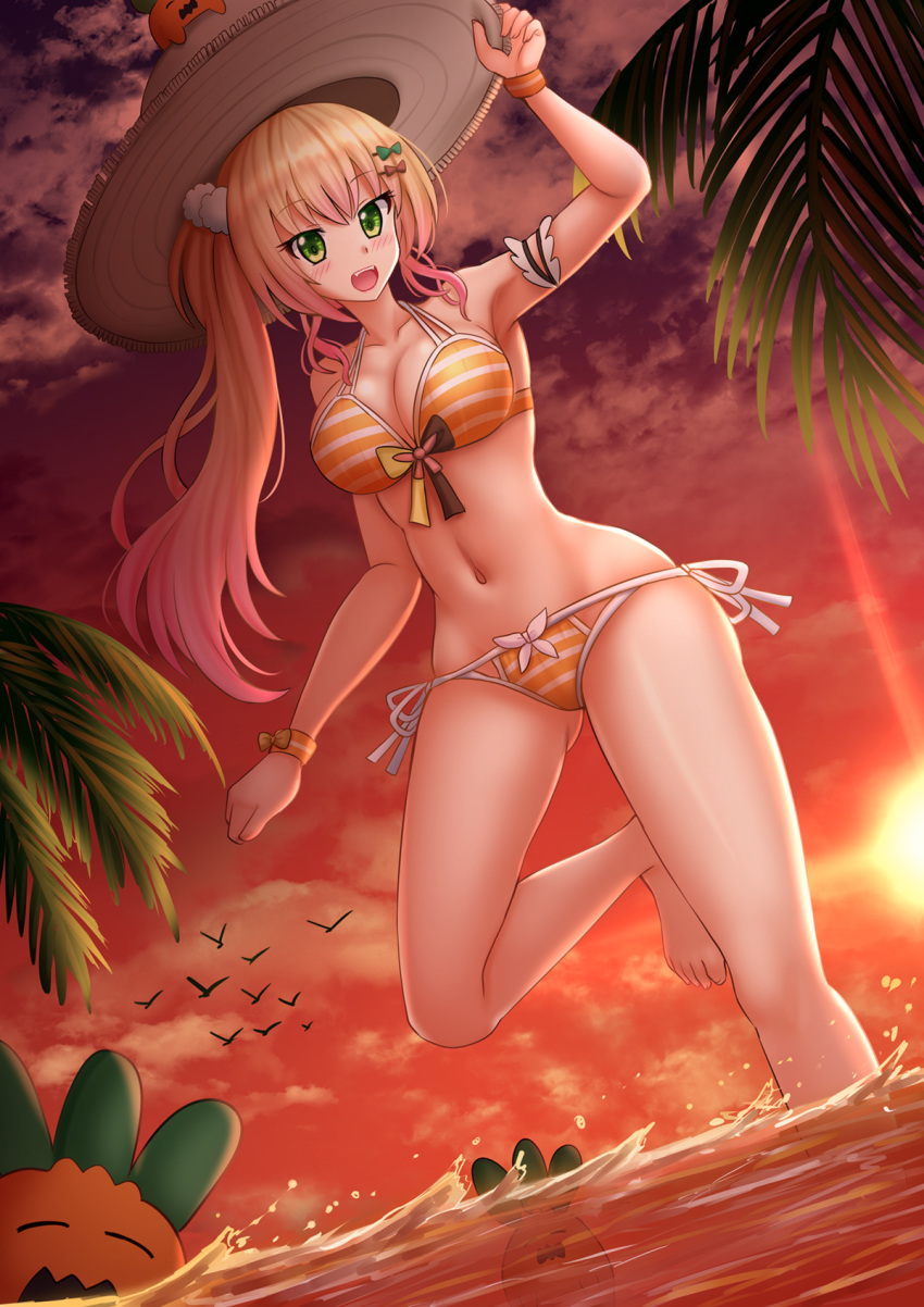 1girl :d arm_up armpits bangs bare_arms bare_legs bare_shoulders barefoot bikini blonde_hair bow breasts brown_bow brown_headwear cleavage commentary commission eyebrows_visible_through_hair gradient_hair green_bow green_eyes hair_between_eyes hair_bow hair_ornament hairclip hand_on_headwear highres hololive kazenokaze large_breasts long_hair momosuzu_nene multicolored_hair navel nekko_(momosuzu_nene) open_mouth outdoors pink_hair shallow_water side-tie_bikini side_ponytail smile solo striped striped_bikini sun sunset swimsuit very_long_hair virtual_youtuber water