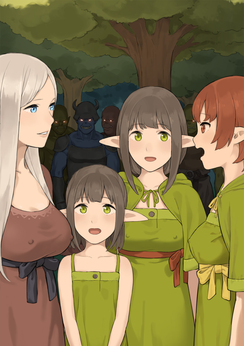 4boys 4girls :d bangs black_ribbon black_sash blue_eyes breasts brown_eyes brown_hair capelet child covered_nipples dress elf eye_contact fake_horns forest green_capelet green_dress green_eyes grey_hair grin helmet highres horned_helmet horns irotenya large_breasts long_hair looking_at_another medium_hair multiple_boys multiple_girls nature open_mouth orc original parted_bangs parted_lips pointy_ears red_ribbon red_sash ribbon sash smile standing tree yellow_ribbon yellow_sash you_gonna_get_raped