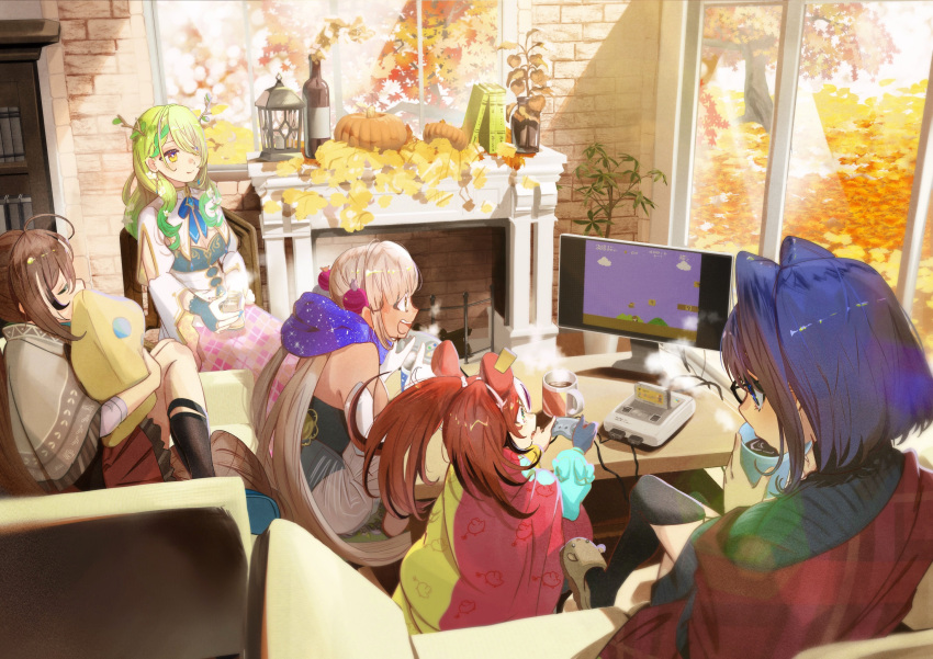 5girls :d absurdres autumn autumn_leaves bangs bespectacled blanket blonde_hair book bookshelf ceres_fauna commentary controller couch cup dark-skinned_female dark_skin fireplace flower fluffy game_cartridge game_console game_controller gamepad glasses green_hair hair_flower hair_ornament hakos_baelz highres holding holding_controller holding_game_controller holocouncil hololive hololive_english indoors iris_(tb33064667) leaf long_hair mario_(series) multiple_girls nanashi_mumei no_headgear object_hug open_mouth ouro_kronii pillow pillow_hug playing_games pumpkin sitting smile steam super_famicom super_famicom_cartridge super_famicom_gamepad super_mario_bros. symbol-only_commentary teeth tree tsukumo_sana twintails upper_teeth video_game virtual_youtuber yellow_eyes