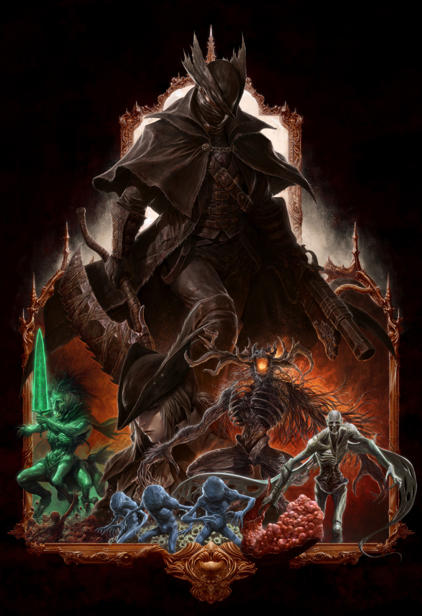 antique_firearm bloodborne blunderbuss breathing_fire coat dark_background dave_rapoza fire flower glowing glowing_sword glowing_weapon grey_hair gun hat hat_feather highres holy_moonlight_sword horns hunter_(bloodborne) lady_maria_of_the_astral_clocktower laurence_the_first_vicar living_failures ludwig_the_accursed mask monster mouth_mask orphan_of_kos saw_cleaver sunflower the_old_hunters tricorne weapon