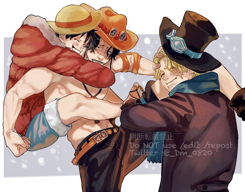 3boys :d belt black_hair black_hat black_jacket black_shorts blonde_hair blue_scarf blue_shorts brothers brown_gloves closed_eyes closed_mouth dm_0820 elbow_pads freckles fur-trimmed_jacket fur-trimmed_shorts fur_trim gloves hat hood hooded_jacket hug hug_from_behind hugging_another's_leg jacket looking_at_another male_focus monkey_d._luffy multiple_boys one_piece orange_belt orange_hat portgas_d._ace red_jacket sabo_(one_piece) sandals scar scar_across_eye scarf short_hair shorts siblings single_elbow_pad smile snot top_hat topless_male watermark