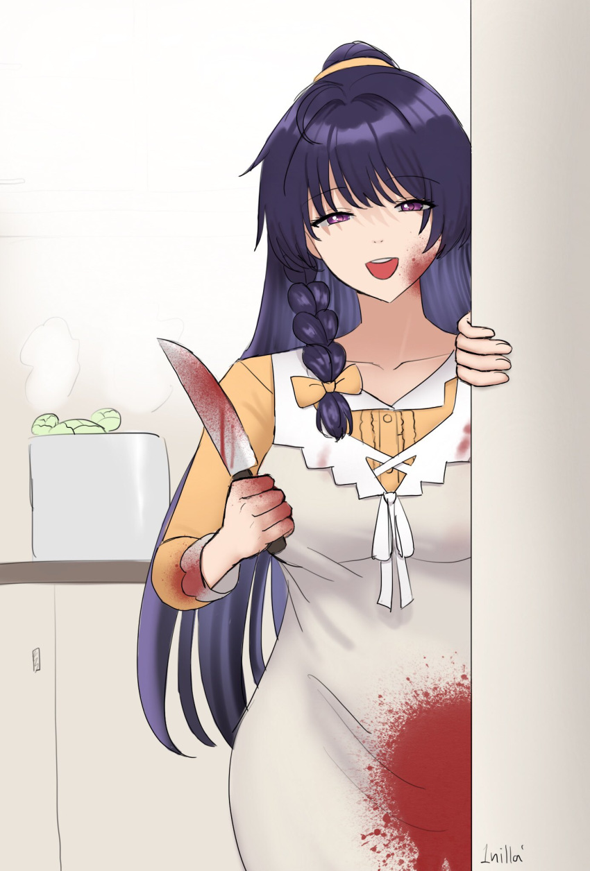 1girl 1nilla' :d apron bangs blood blood_on_clothes blood_on_face blood_on_hands blood_on_knife braid cabbage hair_ribbon half-closed_eyes highres holding holding_knife honkai_(series) honkai_impact_3rd kitchen knife long_hair long_sleeves looking_at_viewer open_mouth orange_shirt pot purple_eyes purple_hair raiden_mei ribbon shirt smile solo yandere