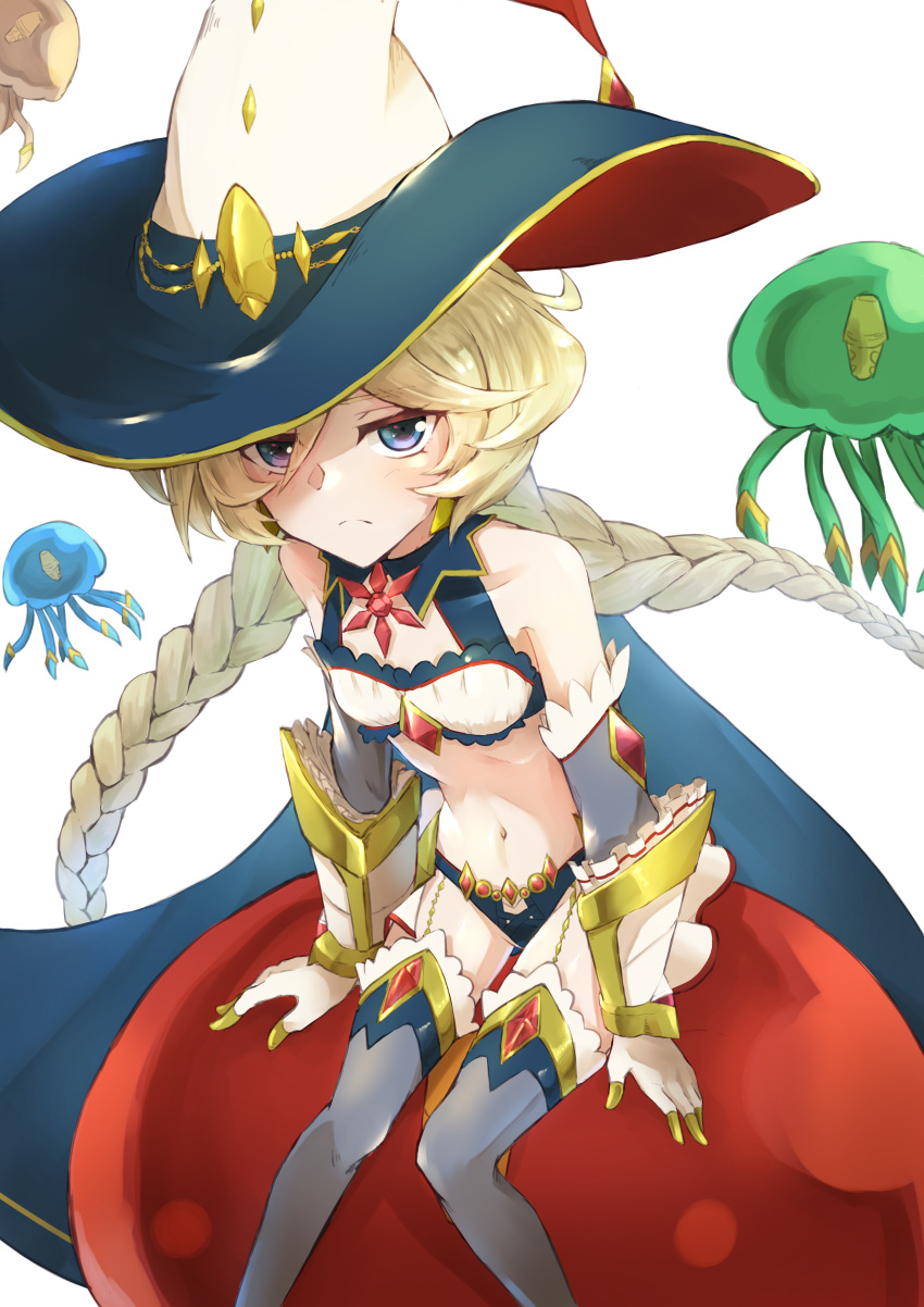 1girl absurdres alternate_costume alternate_hairstyle anzo_(anzu_elichi0928) ball bare_shoulders blonde_hair blue_eyes braid cape carol_malus_dienheim elbow_gloves from_above garter_straps gem gloves hat highres jellyfish long_hair looking_at_viewer midriff navel senki_zesshou_symphogear senki_zesshou_symphogear_xd_unlimited simple_background sitting solo swimsuit thighhighs twintails very_long_hair white_background witch_hat