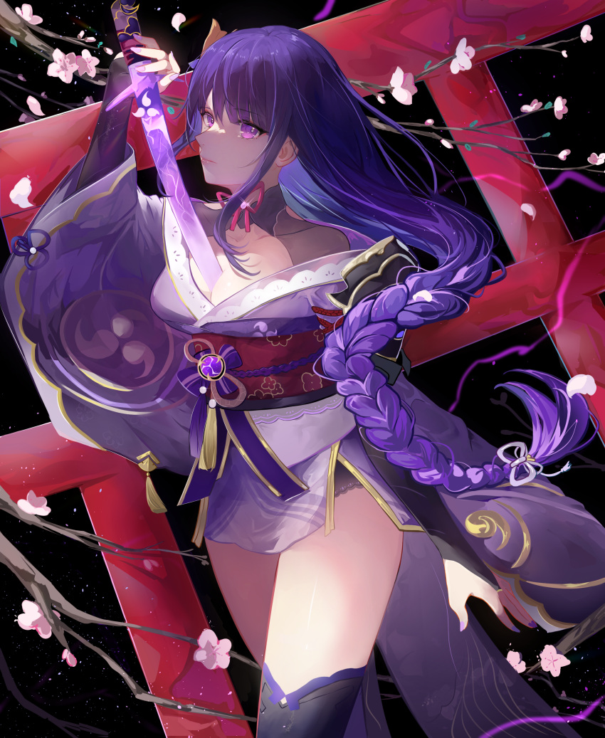 1girl absurdres armor bangs between_breasts braid branch breasts bridal_gauntlets cherry_blossoms cleavage closed_mouth flower full_body genshin_impact hair_ornament highres holding holding_sword holding_weapon human_scabbard japanese_clothes kimono kkk_dami large_breasts long_hair long_sleeves looking_at_viewer mitsudomoe_(shape) obi obiage obijime petals purple_eyes purple_flower purple_hair purple_nails raiden_shogun ribbon sash shoulder_armor simple_background solo standing sword sword_out_of_chest tabi tassel thighhighs thighs tomoe_(symbol) torii weapon