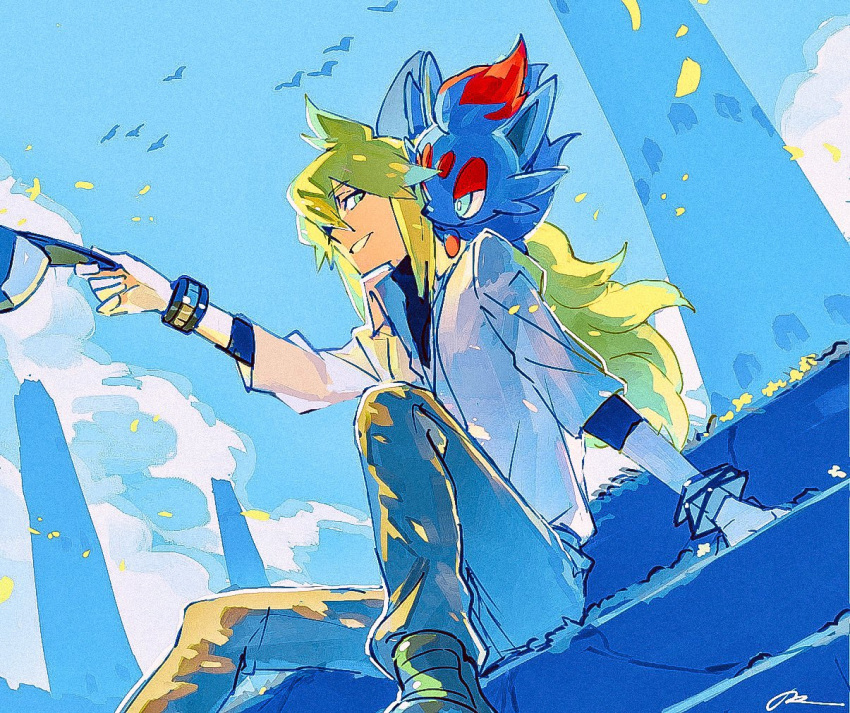 1boy animal arm_support arm_up bird black_fur black_shirt blue_eyes bracelet collared_shirt commentary domu_(hamadura) eye_contact falling_petals green_hair grey_pants grin hat holding holding_hat holding_unworn_clothes jewelry layered_sleeves long_hair looking_at_another male_focus n_(pokemon) on_shoulder open_collar pants petals pokemon pokemon_(creature) pokemon_bw pokemon_on_shoulder red_fur shirt sitting sitting_on_stairs smile solo stairs teeth very_long_hair white_shirt wing_collar zorua
