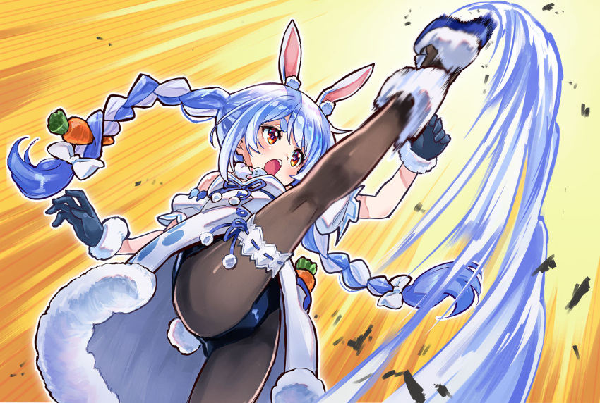 1girl animal_ear_fluff animal_ears axe_kick bare_shoulders black_gloves black_legwear black_leotard blue_hair bow braid bunny bunny-shaped_pupils carrot carrot_hair_ornament coat commentary_request creature don-chan_(usada_pekora) eyebrows_visible_through_hair food-themed_hair_ornament from_below fur-trimmed_coat fur-trimmed_gloves fur_scarf fur_trim gloves hair_bow hair_ornament highres hikimayu hololive kicking leg_garter leg_up leotard leotard_under_clothes long_hair motion_blur multicolored_hair open_mouth panties pantyhose pantyshot puffy_short_sleeves puffy_sleeves rabbit_ears rabbit_girl rabbit_tail sakino_shingetsu scarf short_eyebrows short_sleeves solo standing standing_on_one_leg strapless_coat symbol-shaped_pupils tail thick_eyebrows twin_braids twintails two-tone_hair underwear usada_pekora virtual_youtuber white_coat white_footwear white_hair white_scarf