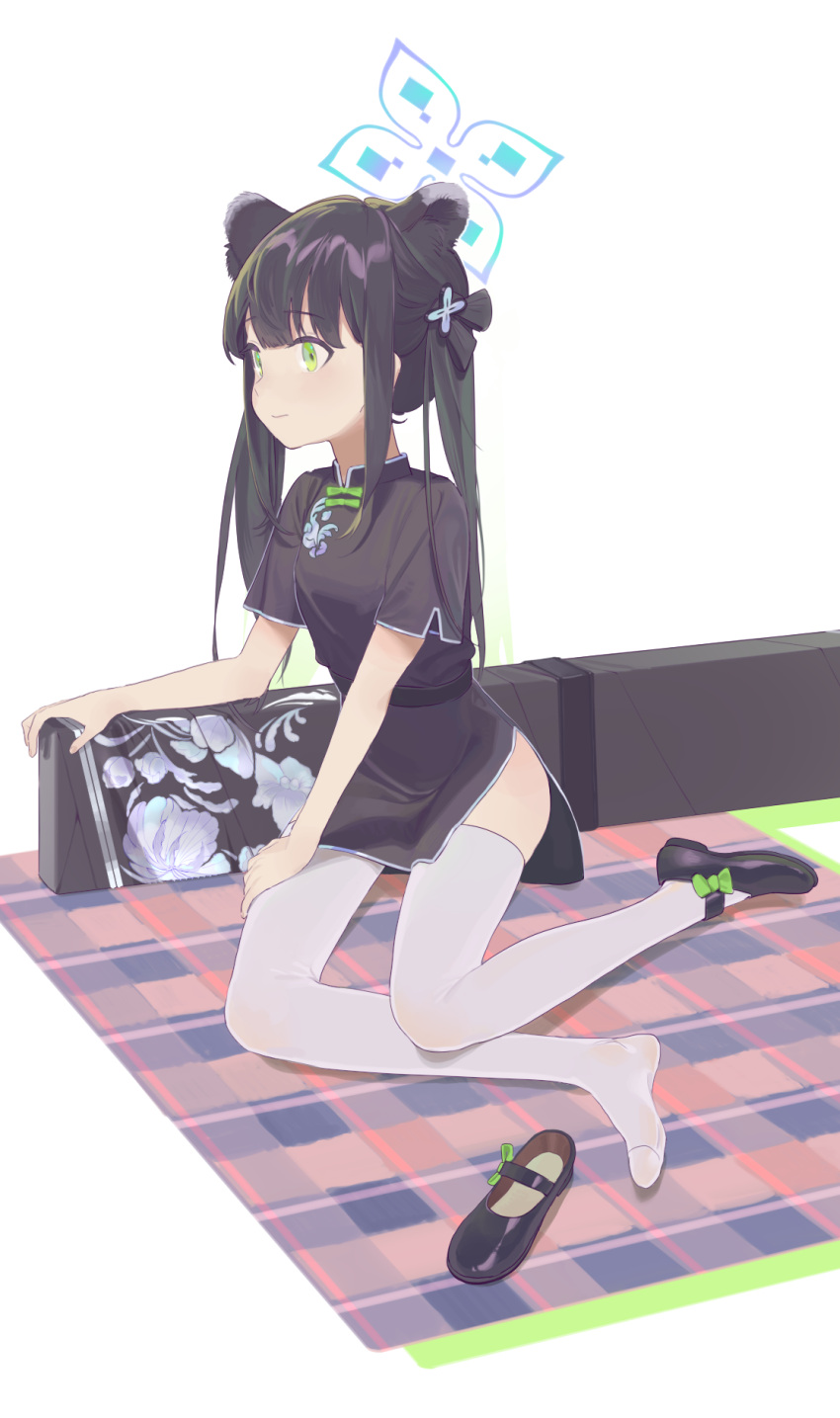 1girl animal_ear_fluff animal_ears bangs black_dress black_footwear black_hair blue_archive blunt_bangs china_dress chinese_clothes dress full_body green_eyes highres legs long_hair mary_janes shoe_removed shoes short_sleeves shun_(blue_archive) single_shoe sitting solo thighhighs thighs tiger_ears tiger_girl twintails weapon_case white_legwear zippo_(2387576974)