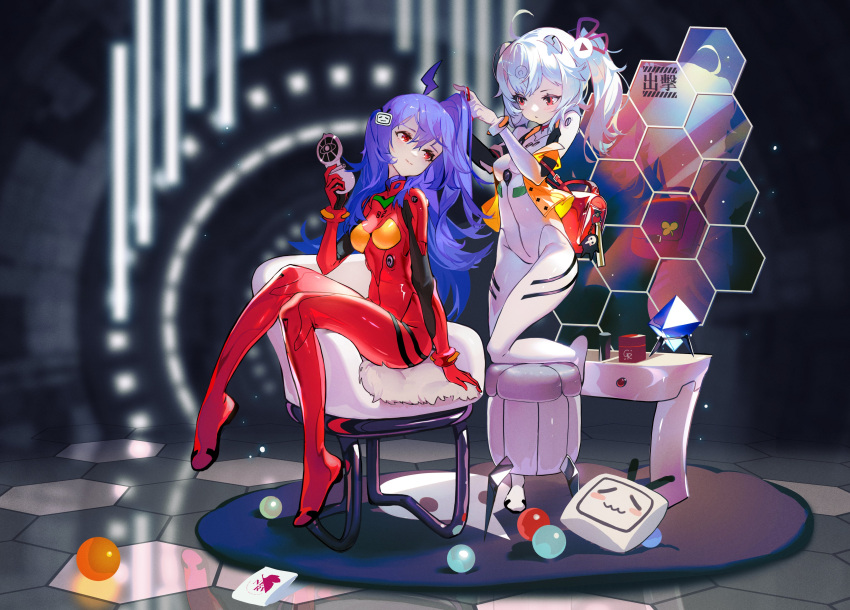 2girls absurdres adjusting_hair ahoge armchair ayanami_rei ayanami_rei_(cosplay) bili_girl_22 bili_girl_33 bilibili_douga blue_hair bodysuit breasts cellphone chair cosplay english_commentary flip_phone full_body grandia_lee hexagon highres light_smile long_hair looking_at_another medium_hair multiple_girls neon_genesis_evangelion nerv phone play_button_(object) plugsuit rebuild_of_evangelion red_bodysuit sitting skin_tight small_breasts souryuu_asuka_langley souryuu_asuka_langley_(cosplay) stool test_plugsuit twintails wall_panel white_hair