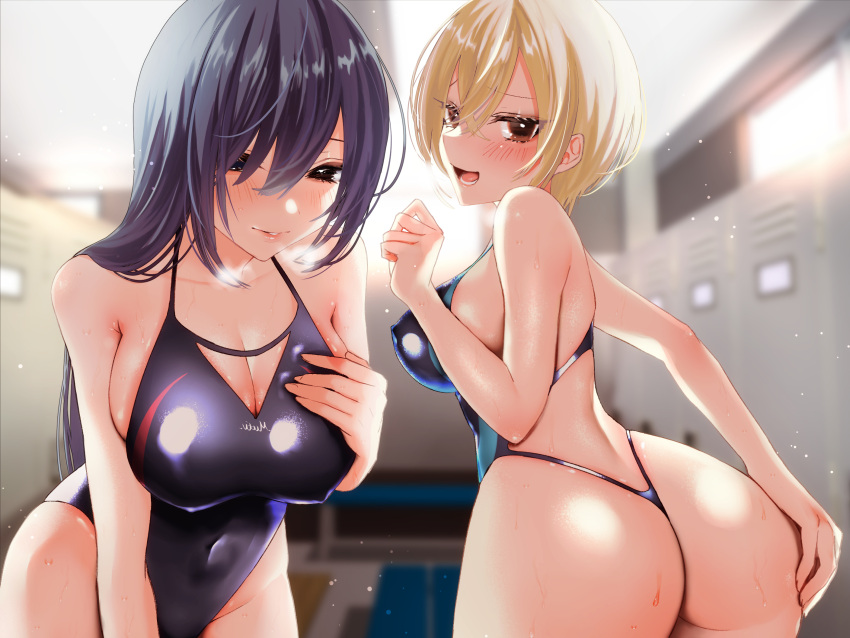 2girls ass bangs bare_shoulders black_hair black_swimsuit blonde_hair blue_swimsuit blush breasts cleavage closed_mouth collarbone competition_swimsuit covered_navel eyebrows_visible_through_hair eyelashes from_behind hair_between_eyes hand_on_ass hand_on_own_chest highleg highleg_swimsuit highres indoors large_breasts light_smile locker locker_room long_hair looking_at_viewer looking_back multiple_girls non-web_source one-piece_swimsuit one-piece_thong open_mouth original purple_hair sakiryo_kanna shiny_swimsuit short_hair sidelocks skindentation standing swimsuit teeth thick_thighs thighs thong tongue very_long_hair yellow_eyes