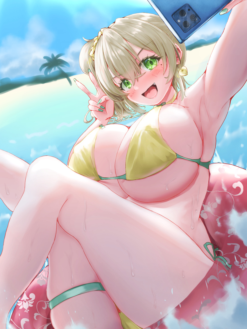 0806ohji 1girl :d aqua_nails beach bikini blonde_hair blue_sky breasts cellphone commission day floating green_eyes hair_between_eyes hair_ornament hair_scrunchie highres holding holding_phone innertube large_breasts legs_up mole mole_under_eye original outdoors phone scrunchie selfie skeb_commission sky smartphone smile solo swim_ring swimsuit thigh_strap thighs underboob v yellow_bikini