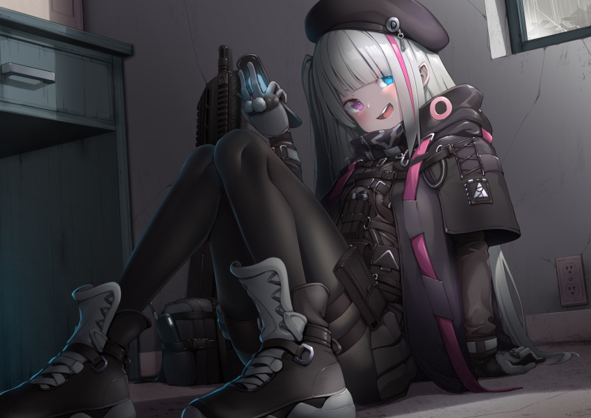 1girl :d battle_rifle beret black_footwear black_headwear black_jacket black_legwear black_skirt blue_eyes blush cellphone commentary_request commission desert_tech_mdr flip_phone girls'_frontline grey_hair gun hat heterochromia highres holding holding_phone hood hood_down hooded_jacket indoors jacket knees_up long_hair long_sleeves looking_at_viewer mdr_(girls'_frontline) multicolored_hair object_namesake on_floor open_mouth pantyhose phone pink_eyes pink_hair pleated_skirt purple_eyes rifle shoes side_ponytail silver_hair sitting skeb_commission skirt smile solo streaked_hair very_long_hair weapon yaosera