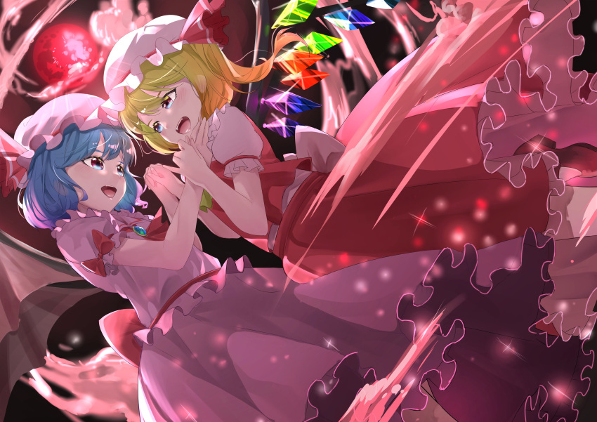 2girls :d absurdres aqua_eyes ascot back_bow bangs bat_wings blue_hair bow brooch brown_footwear commentary crystal dress dutch_angle eye_contact eyebrows_behind_hair feet_out_of_frame flandre_scarlet flat_chest full_moon glint hair_between_eyes hat highres hp2 interlocked_fingers jewelry light_particles looking_at_another mary_janes mob_cap moon multiple_girls night night_sky one_side_up open_mouth petticoat pink_dress pink_headwear puffy_short_sleeves puffy_sleeves red_ascot red_bow red_eyes red_moon red_skirt red_vest remilia_scarlet shoes short_hair short_sleeves siblings sisters skirt sky smile sparkle teeth touhou upper_teeth vest wings yellow_ascot