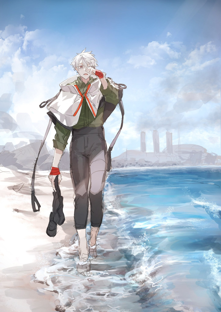 1boy bandaged_hand bandages barefoot beach blue_sky capelet cloud cloudy_sky crying crying_with_eyes_open cumulonimbus_cloud factory hair_between_eyes highres holding human_homeosta immortal_silent male_focus nuclear_powerplant ocean open_mouth outdoors red_eyes sand sketch sky smoke solo tears walking white_capelet white_hair wiping_tears