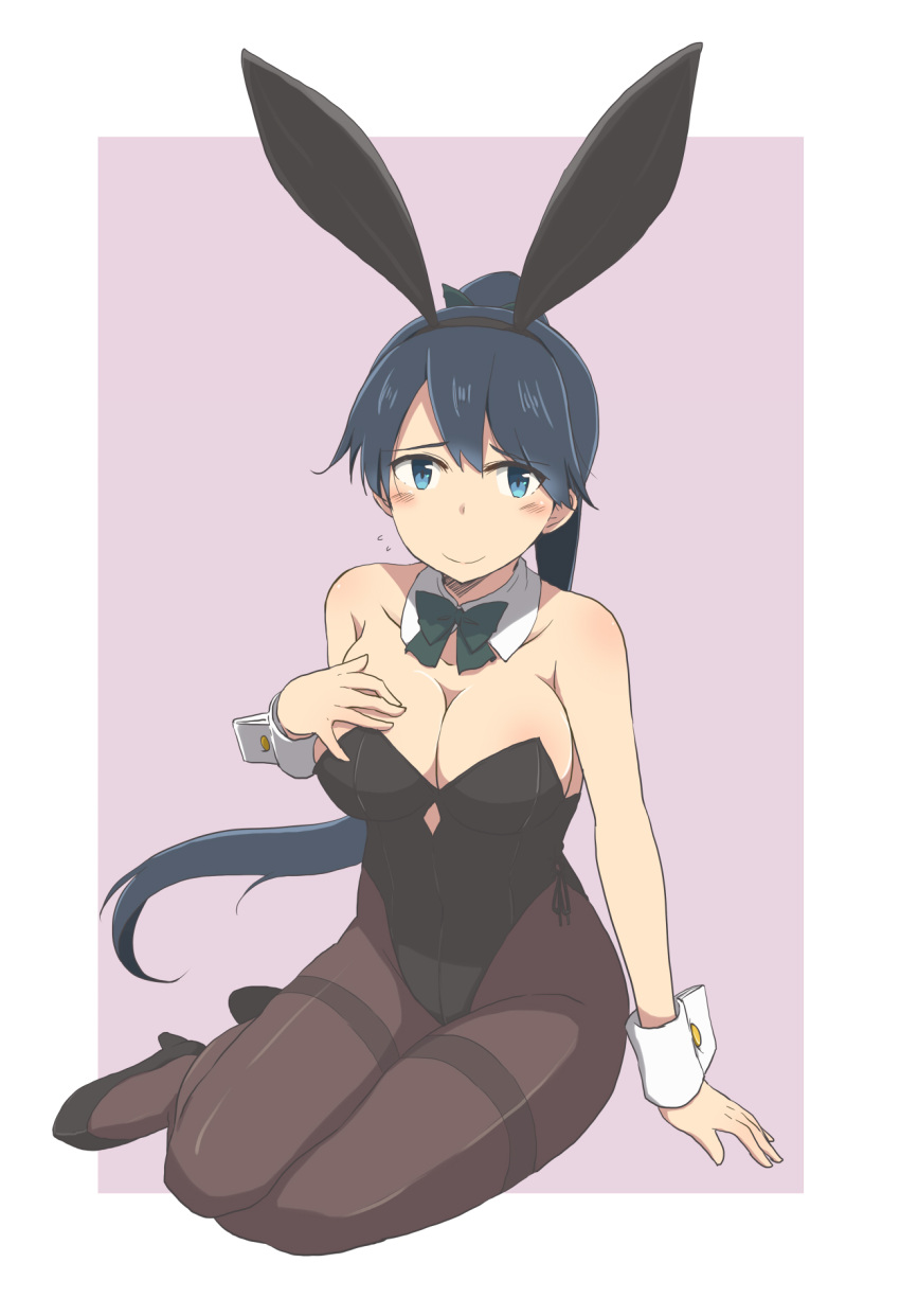 1girl alternate_breast_size animal_ears black_hair blue_eyes bow bowtie breasts cleavage commentary_request detached_collar fake_animal_ears full_body hairband high_heels highres houshou_(kancolle) kantai_collection kugui_kiyunemu large_breasts pantyhose playboy_bunny ponytail rabbit_ears sitting smile solo wrist_cuffs yokozuwari