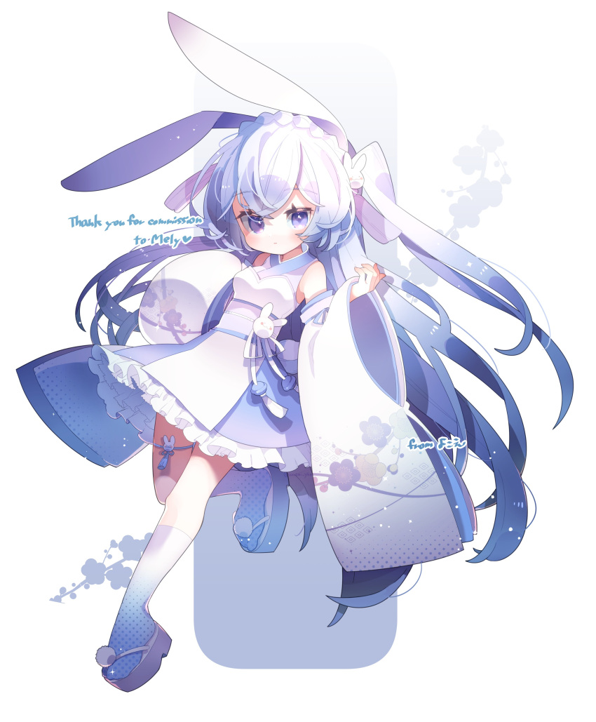 1girl absurdres animal_ears blue_eyes breasts character_name commission english_commentary highres indie_virtual_youtuber japanese_clothes kimono leaning_back long_hair medium_breasts mely_(vtuber) obi platform_footwear rabbit_ears rabbit_girl sash second-party_source side_ponytail skeb_commission sleeves_past_fingers sleeves_past_wrists solo tabi very_long_hair virtual_youtuber wide_sleeves yokoe_(mealtime)