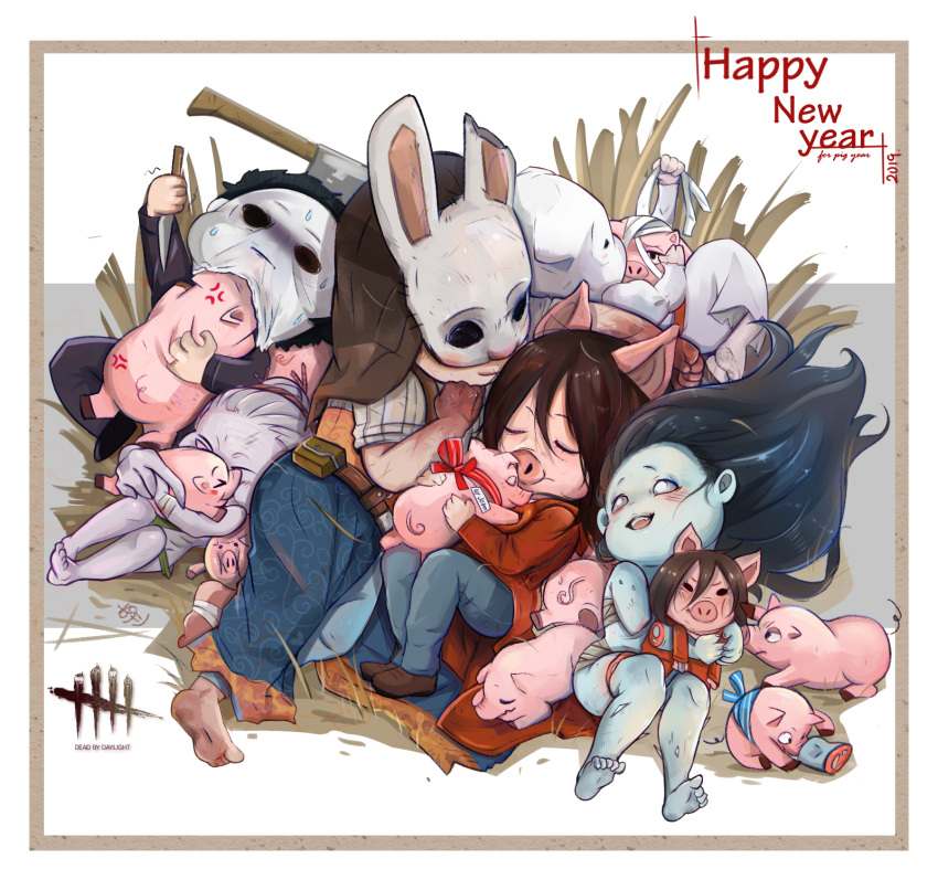 1boy 5girls akai_(date_good) amanda_young anger_vein axe bandages barefoot black_hair blank_eyes blood blood_on_hands blush border brown_footwear brown_hair bunny_mask chinese_zodiac copyright_name dead_by_daylight detached_arm halloween_(movie) happy_new_year highres lisa_sherwood mask michael_myers multiple_girls new_year open_mouth pig_mask piglet sally_smithson saw_(movie) smile sweatdrop the_huntress_(dead_by_daylight) yamaoka_rin year_of_the_pig
