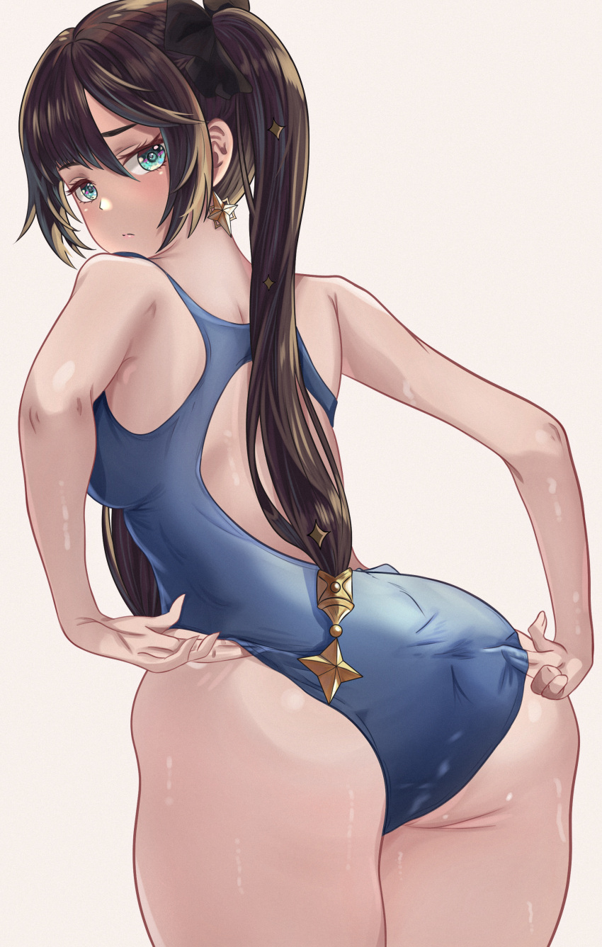 1girl absurdres adjusting_clothes adjusting_swimsuit ass back bangs black_hair black_ribbon blue_eyes blue_swimsuit cetta_(cettadvd) earrings from_behind genshin_impact hair_ornament hair_ribbon highres jewelry leaning_forward looking_at_viewer looking_back mona_(genshin_impact) one-piece_swimsuit ribbon simple_background solo swimsuit thighs twintails white_background