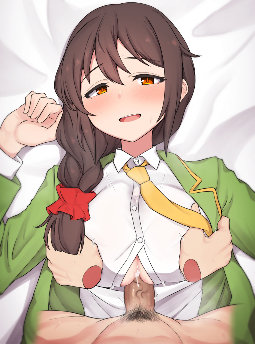 1boy 1girl bangs bed_sheet boy_on_top braid breast_grab breasts brown_hair buttons censored clothed_female_nude_male clothed_sex collared_shirt commentary_request cum cum_on_body cum_on_breasts cum_on_clothes disembodied_limb dress_shirt eyebrows_visible_through_hair grabbing green_jacket hair_between_eyes hair_ornament hair_over_shoulder hair_scrunchie hand_up hetero highres idolmaster idolmaster_cinderella_girls jacket large_breasts long_hair long_sleeves looking_at_viewer lying male_pubic_hair minakami mosaic_censoring motion_lines necktie nude on_back open_clothes open_jacket open_mouth orange_eyes paizuri paizuri_under_clothes partially_unbuttoned penis pov pov_hands pubic_hair red_scrunchie scrunchie senkawa_chihiro shirt single_braid smile solo_focus sweat teeth upper_body upper_teeth white_shirt yellow_necktie