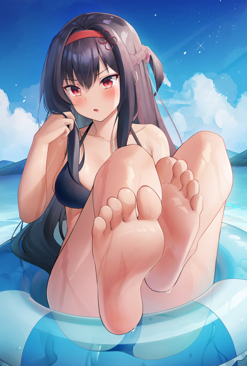 1girl absurdres ass bangs barefoot bikini black_bikini black_hair blue_sky blush braid breasts cloud day feet foot_focus hairband halterneck hamidashi_creative hand_in_hair highres innertube kamakura_shio long_hair medium_breasts milk_box_(leoleo963852741) ocean open_mouth red_hair red_hairband sky soles solo swimsuit thighs toes v-shaped_eyebrows very_long_hair water wet