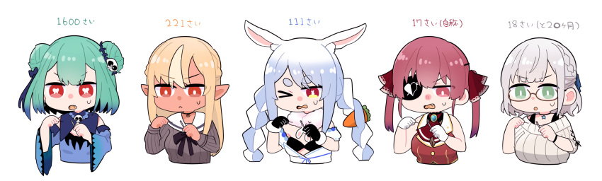 &gt;_o 5girls :&lt; animal_ears black_gloves blonde_hair blue_hair braid breasts carrot_hair_ornament choker commentary_request dark-skinned_female dark_skin detached_sleeves don-chan_(usada_pekora) double_bun elf eyebrows_visible_through_hair fang food-themed_hair_ornament french_braid fur-trimmed_gloves fur_trim glasses gloves gradient_hair green_eyes green_hair hair_ornament highres hololive hololive_fantasy houshou_marine large_breasts medium_breasts multicolored_hair multiple_girls needle one_eye_closed orange_eyes pointy_ears rabbit_ears rabbit_girl red_eyes red_hair sakana_(saka11205) sewing_needle shiranui_flare shirogane_noel silver_hair skull_hair_ornament small_breasts sweatdrop thick_eyebrows thread translated twin_braids two-tone_hair uruha_rushia usada_pekora virtual_youtuber white_gloves white_hair wide_sleeves