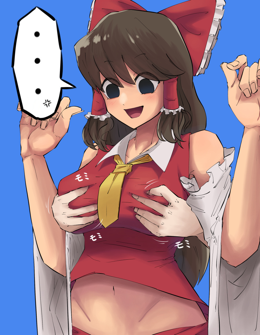 ... 1girl 1other :d absurdres anger_vein bangs black_eyes blue_background blush bow breast_grab breasts brown_hair collared_shirt commentary_request cookie_(touhou) cowboy_shot crop_top detached_sleeves empty_eyes eyebrows_visible_through_hair frilled_hair_tubes frills grabbing grabbing_from_behind hair_bow hair_tubes hakurei_reimu highres large_breasts long_hair looking_down navel necktie noel_(cookie) odoro_(nicoseiga81184094) open_mouth red_bow red_shirt red_skirt shirt simple_background skirt sleeveless sleeveless_shirt smile solo_focus spoken_anger_vein spoken_ellipsis touhou white_sleeves yellow_necktie
