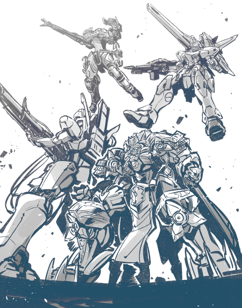 absurdres arm_cannon clenched_hand crossover flying gold_four gordoleo greyscale gun gundam heavy_metal_l-gaim highres holding holding_gun holding_weapon ishiyumi knight's_&amp;_magic l-gaim looking_up majestic_prince mecha mobile_suit monochrome multiple_crossover no_humans open_hands science_fiction super_robot_wars super_robot_wars_30 v-fin v2_gundam victory_gundam visor weapon