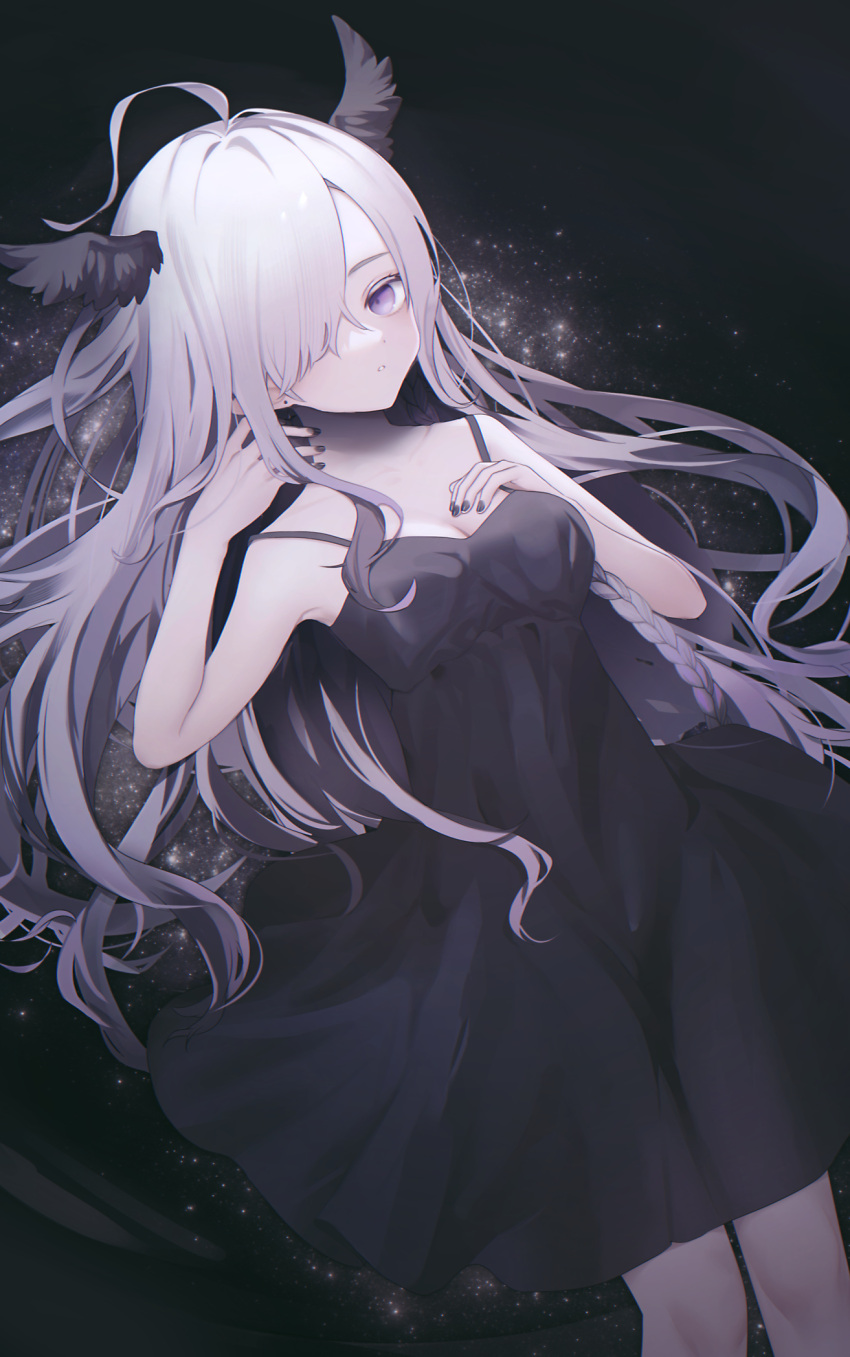 1girl ahoge black_dress black_nails braid breasts cleavage dot_nose dress fingernails grey_hair hair_over_one_eye hand_up highres long_hair looking_at_viewer medium_breasts migihidari_(puwako) nail_polish one_eye_covered original parted_lips purple_eyes purple_hair rapute_(migihidari) sleeveless sleeveless_dress solo very_long_hair