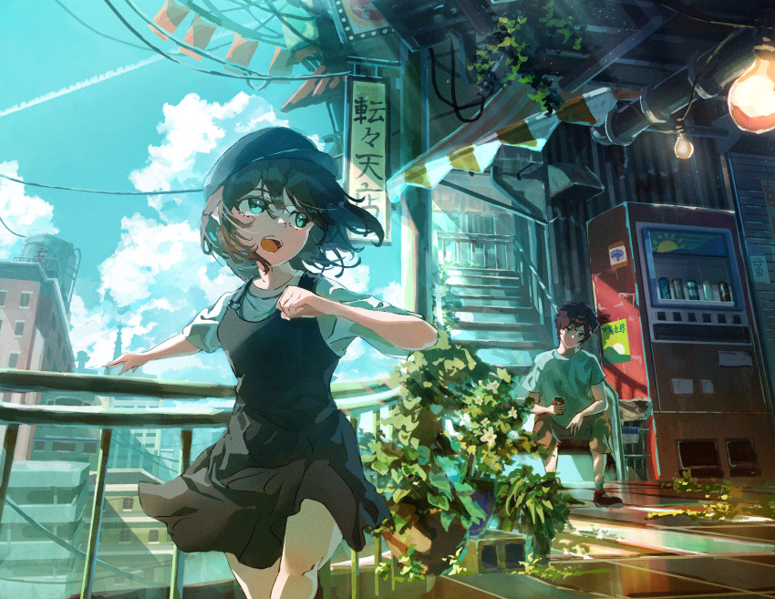 1boy 1girl :d absurdres awning black_skirt blue_eyes blue_sky building city clenched_hand cumulonimbus_cloud hat highres light_bulb luc_(user_xzsx2472) open_mouth original outdoors plant potted_plant scenery sitting skirt sky smile stairs vending_machine
