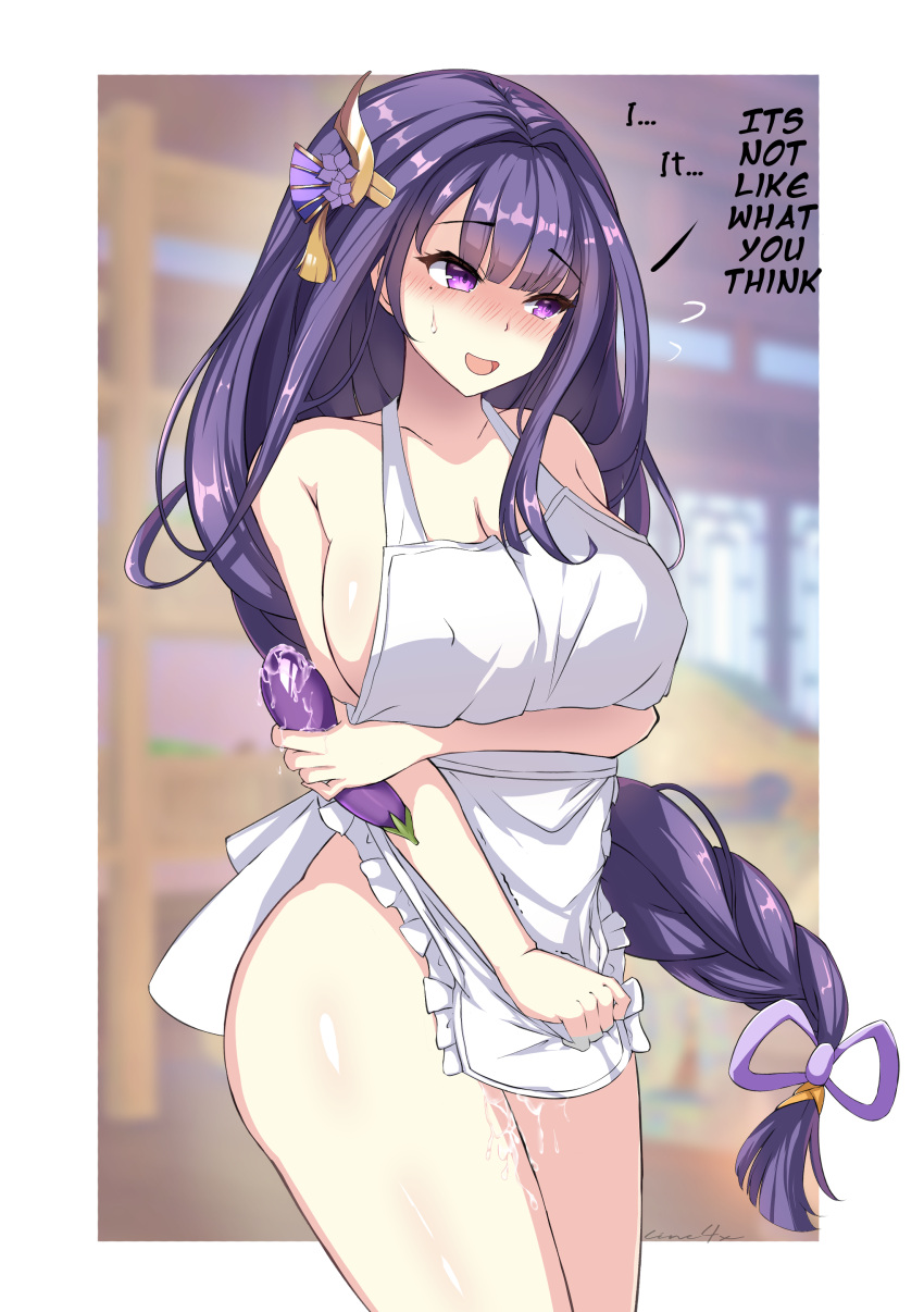 1girl :d absurdres after_masturbation apron bad_id bad_pixiv_id bare_arms bare_shoulders blurry blurry_background blush border braid breasts cleavage collarbone covering covering_crotch cowboy_shot depth_of_field eggplant embarrassed english_text flying_sweatdrops food frilled_apron frills genshin_impact hair_ornament hair_ribbon highres holding holding_food large_breasts line4x long_hair looking_away looking_to_the_side mole mole_under_eye naked_apron nose_blush open_mouth outside_border purple_eyes purple_hair purple_ribbon pussy_juice raiden_shogun ribbon signature single_braid smile solo very_long_hair white_apron white_border