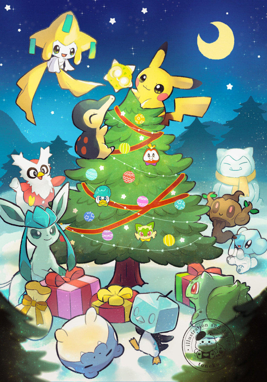 absurdres bulbasaur christmas christmas_ornaments christmas_tree cubchoo cyndaquil delibird eiscue eiscue_(ice) english_commentary fuecoco gift glaceon highres jirachi minior minior_(core) moon night no_humans outdoors phantump pikachu pokemon pokemon_(creature) quaxly scarf sidelocks sitting smile snorlax snow spheal sprigatito star_(symbol) toneko tree