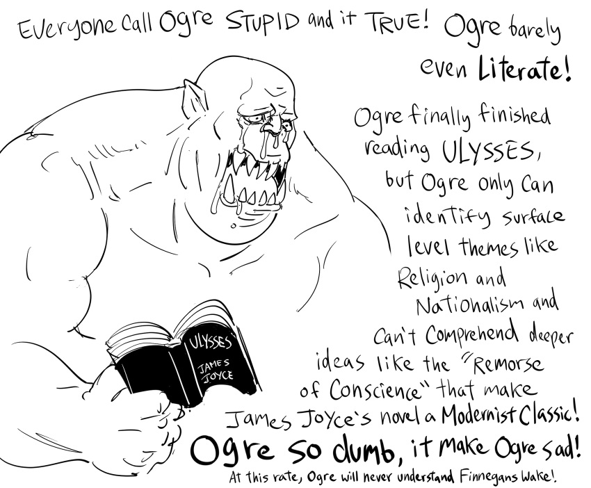 1boy bb_(baalbuddy) book commentary crying depressed english_commentary english_text greyscale highres holding holding_book male_focus monochrome nude ogre open_book open_mouth original parody sharp_teeth simple_background solo tears teeth ulysses_(novel) white_background