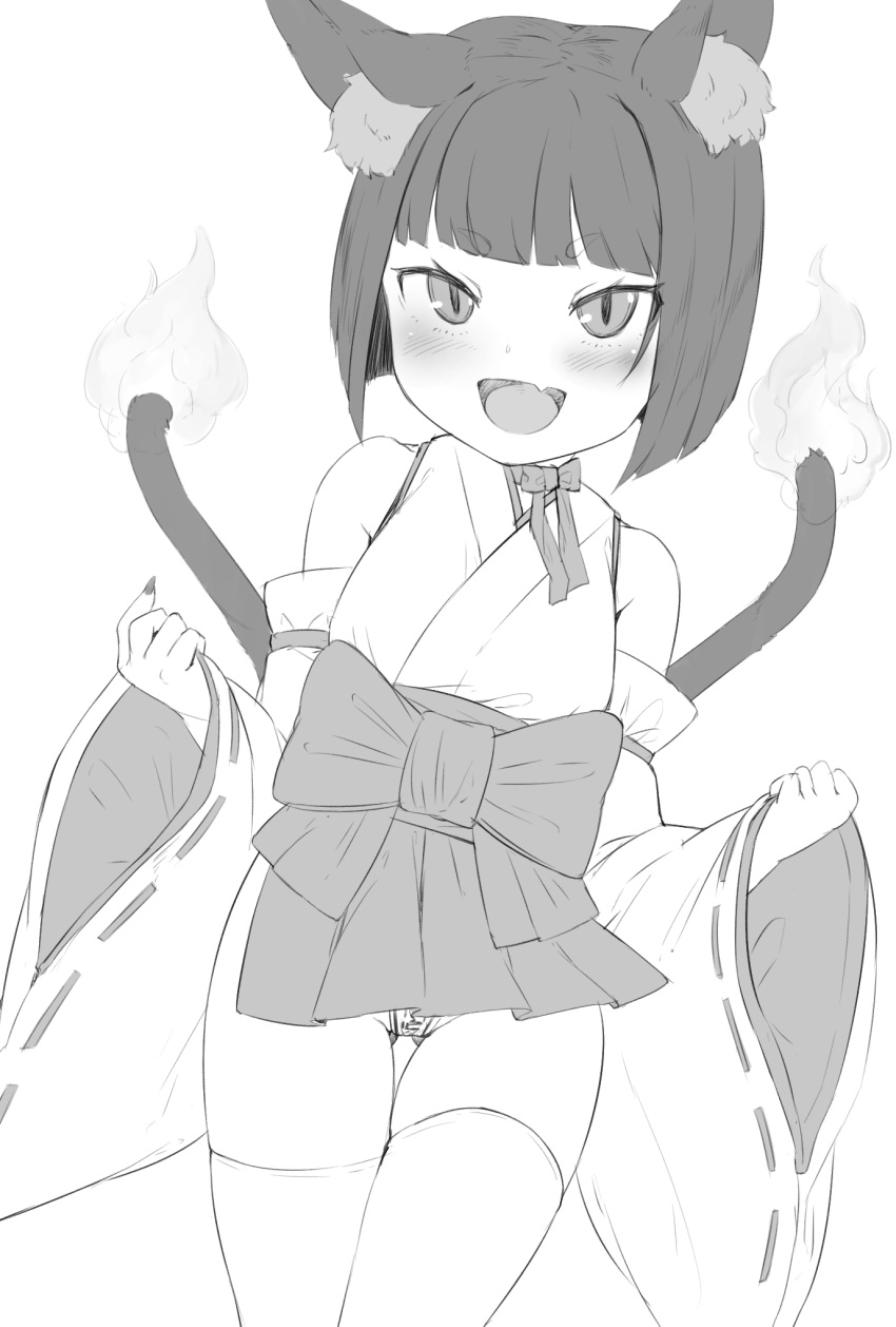 1girl :d animal_ears ass_visible_through_thighs bangs blunt_bangs blush bob_cut bow cat_ears cat_tail copyright_request cowboy_shot eyebrows_visible_through_hair fang greyscale hakama hakama_short_skirt hakama_skirt highres japanese_clothes legs_together long_sleeves looking_at_viewer maebari medium_hair microskirt monochrome neck_ribbon nekomata nishiuri open_mouth ribbon short_eyebrows simple_background skin_fang skirt smile solo standing tail tail-tip_fire thigh_gap thighhighs white_background wide_sleeves
