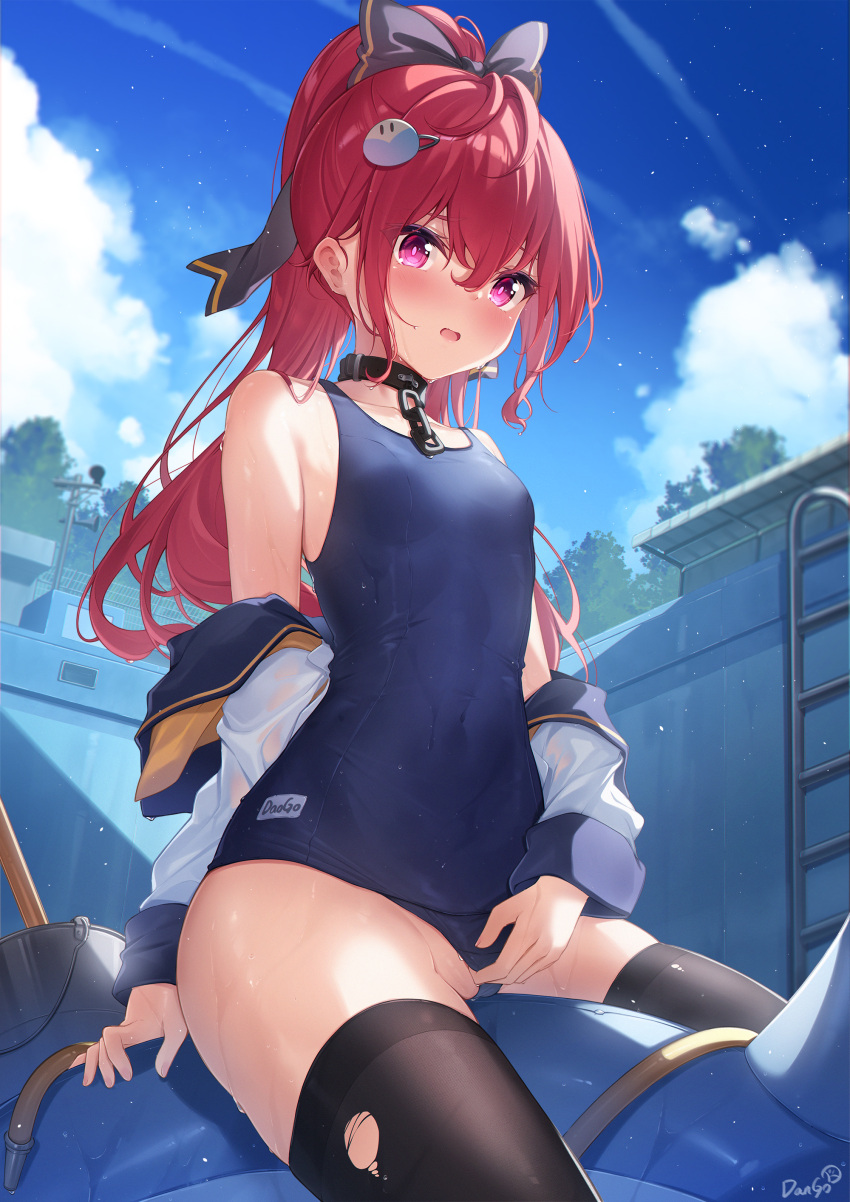 1girl absurdres artist_name bangs bare_shoulders black_bow black_legwear blue_sky blue_swimsuit blush bow breasts bucket chain clothing_aside cloud collarbone commentary_request dango_remi day empty_pool hair_bow hair_ornament hairclip highres hose jacket long_hair long_sleeves looking_at_viewer off_shoulder open_clothes open_jacket open_mouth original outdoors partially_visible_vulva ponytail pool pool_ladder purple_eyes red_hair school_swimsuit signature sky small_breasts solo straddling swimsuit swimsuit_aside thighhighs torn_clothes torn_legwear wet white_jacket