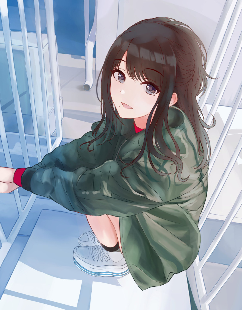 1girl artist_request bad_id bad_twitter_id bangs black_eyes black_hair braid full_body green_jacket highres idolmaster idolmaster_shiny_colors jacket kazano_hiori looking_at_viewer mole mole_under_mouth own_hands_clasped own_hands_together shoes smile sneakers solo squatting white_footwear