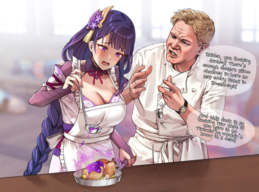 1boy 1girl @_@ apron bangs blonde_hair blunt_bangs blurry blurry_background braid braided_ponytail breasts bridal_gauntlets chef_uniform commentary crossover electricity english_commentary english_text eyebrows_visible_through_hair food foxyreine frilled_apron frills frying_pan genshin_impact gordon_ramsay hair_ornament hand_up hands_up hell's_kitchen highres holding indoors ladle large_breasts long_hair mole mole_under_eye neck_ribbon obi open_mouth parted_lips purple_eyes purple_hair raiden_shogun raised_eyebrows real_life ribbon sash short_hair speech_bubble spoon tearing_up watch white_apron window wrinkled_skin wristwatch