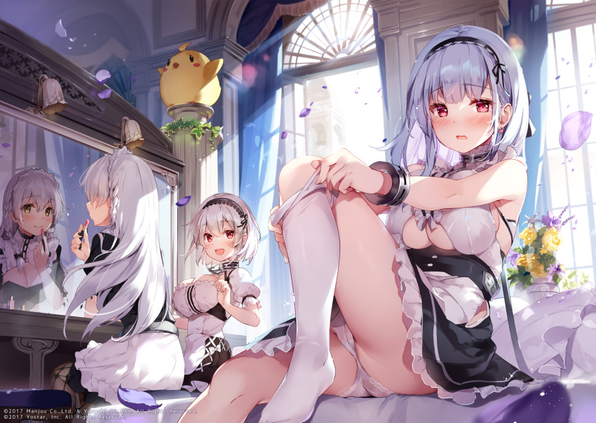 3girls anchor_choker ass azur_lane bangs bare_shoulders bird black_dress blunt_bangs bow braid breasts cameltoe center_frills chick cleavage_cutout closed_mouth clothing_cutout cosmetics curtains day dido_(azur_lane) dot_nose dress dress_bow earrings flower frills from_behind from_side hair_between_eyes hair_bow hand_up heart heart_earrings hermione_(azur_lane) highres holding indoors jewelry knee_up lace-trimmed_hairband lace_trim large_breasts lipstick_tube long_hair looking_at_viewer manjuu_(azur_lane) mirror miyase_mahiro multiple_girls no_shoes official_art open_mouth open_window panties petals petticoat profile puffy_short_sleeves puffy_sleeves purple_flower raised_eyebrows red_eyes reflection short_hair short_sleeves single_braid sirius_(azur_lane) sitting skindentation sleeveless smile sunlight thighs two-tone_dress underboob underboob_cutout underwear white_bow white_dress white_hair white_legwear window yellow_flower