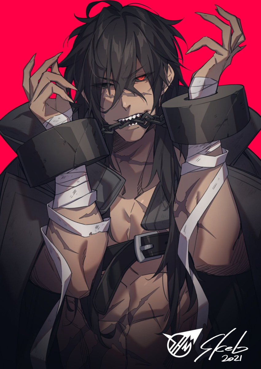 1boy bad_id bad_twitter_id bandaged_wrist bandages bangs biting black_cape black_eyes black_hair black_sclera cape chain colored_sclera commission crossed_bangs cuffed dated fingernails hair_between_eyes hands_up head_tilt heterochromia highres long_hair looking_at_viewer male_focus muscular muscular_male original red_background red_eyes scar scar_on_chest sharp_fingernails sharp_teeth simple_background skeb_commission solo teeth upper_body westxost_(68monkey)